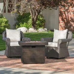 Cheapest ✔️ Best Selling Home Decor Conversation Sets Yamato Outdoor Wicker Swivel Club Chair And Fire Pit Set - 3 Piece Dark Brown - Beige - And Natural 🎉 -Hammocks store detail2BSHD4611