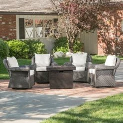 Cheapest 🌟 Best Selling Home Decor Conversation Sets Yamato Outdoor Wicker Swivel Club Chair And Fire Pit Set - 5 Piece Dark Brown - Beige - And Natural ⌛ -Hammocks store detail3BSHD4610