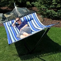 Promo 🔔 Sunnydaze Decor Quilted 2 Person Freestanding 15 Ft. Hammock With Spreader Bar And Stand ✨ -Hammocks store detail3NETH508