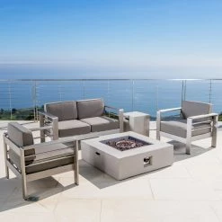 Best Sale 🌟 Best Selling Home Conversation Sets Cape Coral Aluminum 5 Piece Square Fire Pit Patio Set 🧨 -Hammocks store detail7BSHD3357