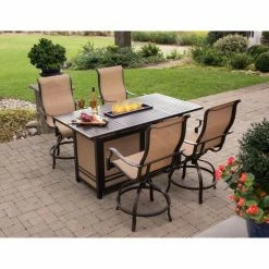 Promo 🥰 Patio Dining Sets Hanover Monaco Aluminum 5 Piece Rectangular Fire Pit High Dining Set 🔔 -Hammocks store detailALMO589
