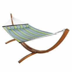 Discount 😀 Sunnydaze Decor Quilted Double Fabric 12 Ft. Hammock With Curved Arc Wood Stand ⭐ -Hammocks store detailNETH482