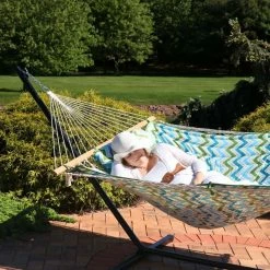 New ✔️ Sunnydaze Decor Blue And Green Chevron Cotton Rope Hammock 🎉 -Hammocks store detailNETH817