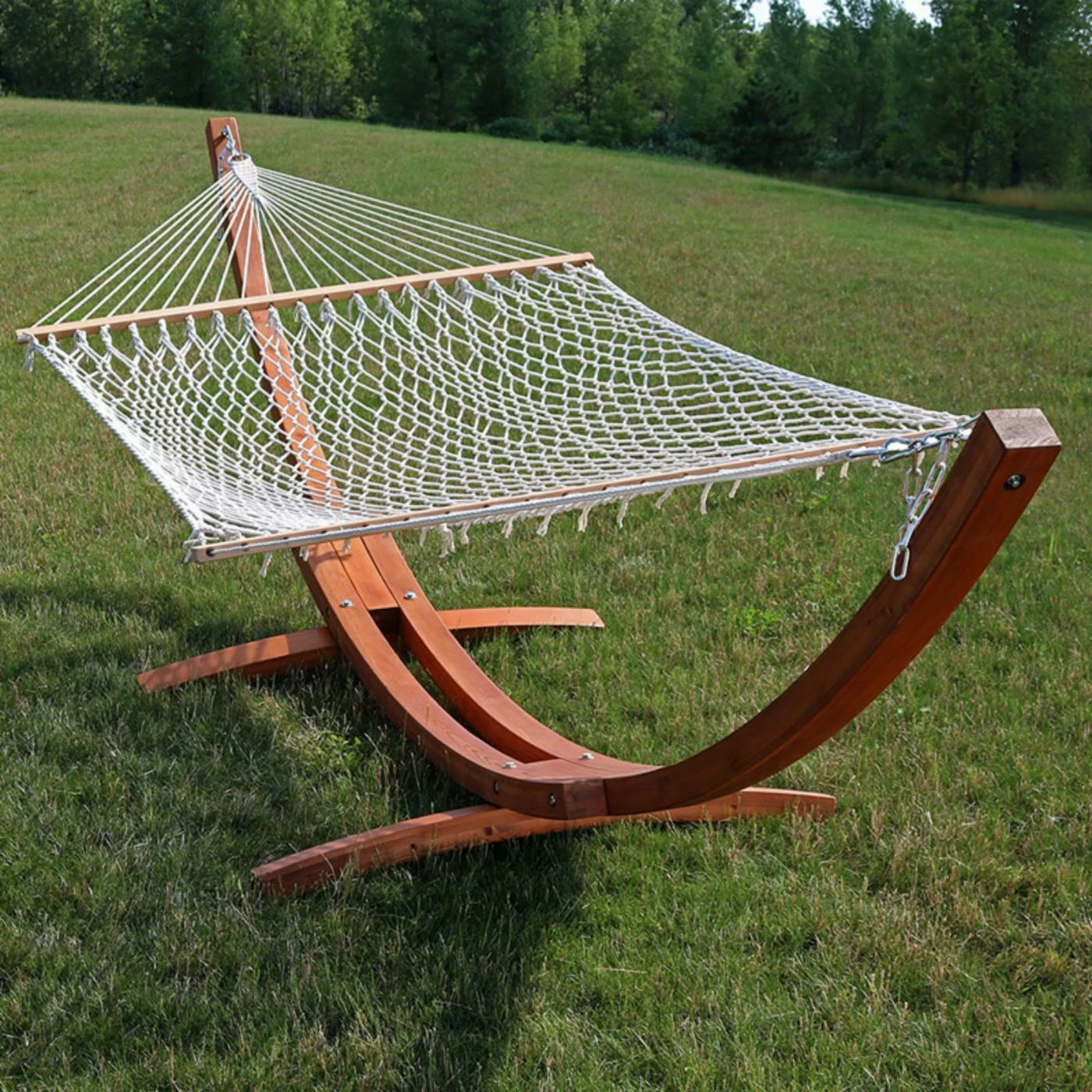 Best Sale 🥰 Sunnydaze Decor Double Wide 13 Ft. Rope Hammock With Spreader Bars And Curved Arc Wood Stand 🌟 2 Best Sale 🥰 Sunnydaze Decor Double Wide 13 Ft. Rope Hammock With Spreader Bars And Curved Arc Wood Stand 🌟 - Image 2