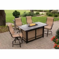 Promo 🥰 Patio Dining Sets Hanover Monaco Aluminum 5 Piece Rectangular Fire Pit High Dining Set 🔔