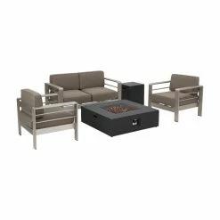 Best Sale 🌟 Best Selling Home Conversation Sets Cape Coral Aluminum 5 Piece Square Fire Pit Patio Set 🧨