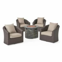 Brand new ⌛ Best Selling Home Decor Conversation Sets Keisi Outdoor Wicker 4 Seater Swivel Club Chair Set With Fire Pit 🌟