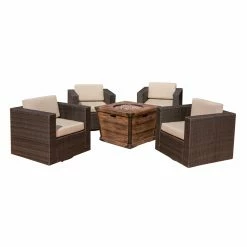 Best Sale ❤️ Best Selling Home Decor Conversation Sets Blessing Outdoor Wicker 4 Seater Swivel Club Chairs With Fire Pit Set 👏