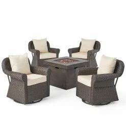 Cheapest 🌟 Best Selling Home Decor Conversation Sets Yamato Outdoor Wicker Swivel Club Chair And Fire Pit Set - 5 Piece Dark Brown - Beige - And Natural ⌛