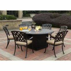 Flash Sale ⌛ Patio Dining Sets Darlee Ocean View Aluminum 7 Piece Round Gas Firepit Dining Set ✔️