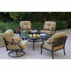 Promo 🤩 Conversation Sets Darlee Nassau 5 Piece Aluminum BBQ Fire Pit Patio Set 🎉