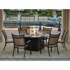 Cheap 🎉 Patio Dining Sets Darlee Mountain View 7 Piece Aluminum Round Fire Pit Patio Dining Set ⭐
