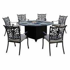 Wholesale 👍 Patio Dining Sets AC Home Brooklyn Cast Aluminum 7 Piece Fire Pit Table Patio Dining Set ✨