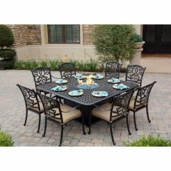Best deal 🔔 Patio Dining Sets Darlee Santa Monica Aluminum 9 Piece Propane Fire Pit Patio Dining Set With Cushions And Fire Glass 👍