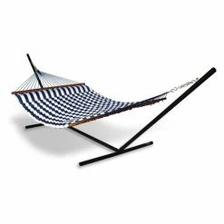 Best Sale 🧨 Kings Pond Quilted Hammaka Universal Hammock Stand With Blue/White Pillow Double Hammock Combo 🥰