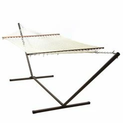 Brand new 👍 Sunnydaze Decor 11 Ft. Sunnydaze Cotton Double Wide Rope Double Hammock With Wooden Spreader Bar And Metal Stand ❤️