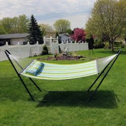 Best Sale 🥰 Sunnydaze Decor Quilted Double Fabric Hammock With Universal Steel Stand 🎁