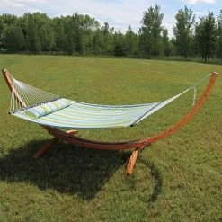 Discount 😀 Sunnydaze Decor Quilted Double Fabric 12 Ft. Hammock With Curved Arc Wood Stand ⭐