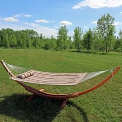 Brand new 🛒 Sunnydaze Decor Quilted Double Fabric 13 Ft. Hammock With Curved Arc Wood Stand 🛒