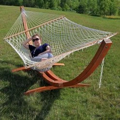 Best Sale 🥰 Sunnydaze Decor Double Wide 13 Ft. Rope Hammock With Spreader Bars And Curved Arc Wood Stand 🌟