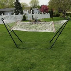 New 🌟 Sunnydaze Decor Double Wide 12 Ft. Rope Hammock With Spreader Bars And Steel Stand ⭐