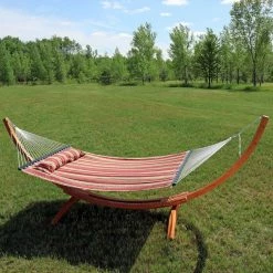 Budget ⌛ Sunnydaze Decor Quilted 12 Ft. Double Fabric Hammock With Wood Stand 😉