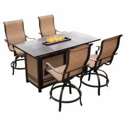 Promo 🥰 Patio Dining Sets Hanover Monaco Aluminum 5 Piece Rectangular Fire Pit High Dining Set 🔔 -Hammocks store scaleALMO589